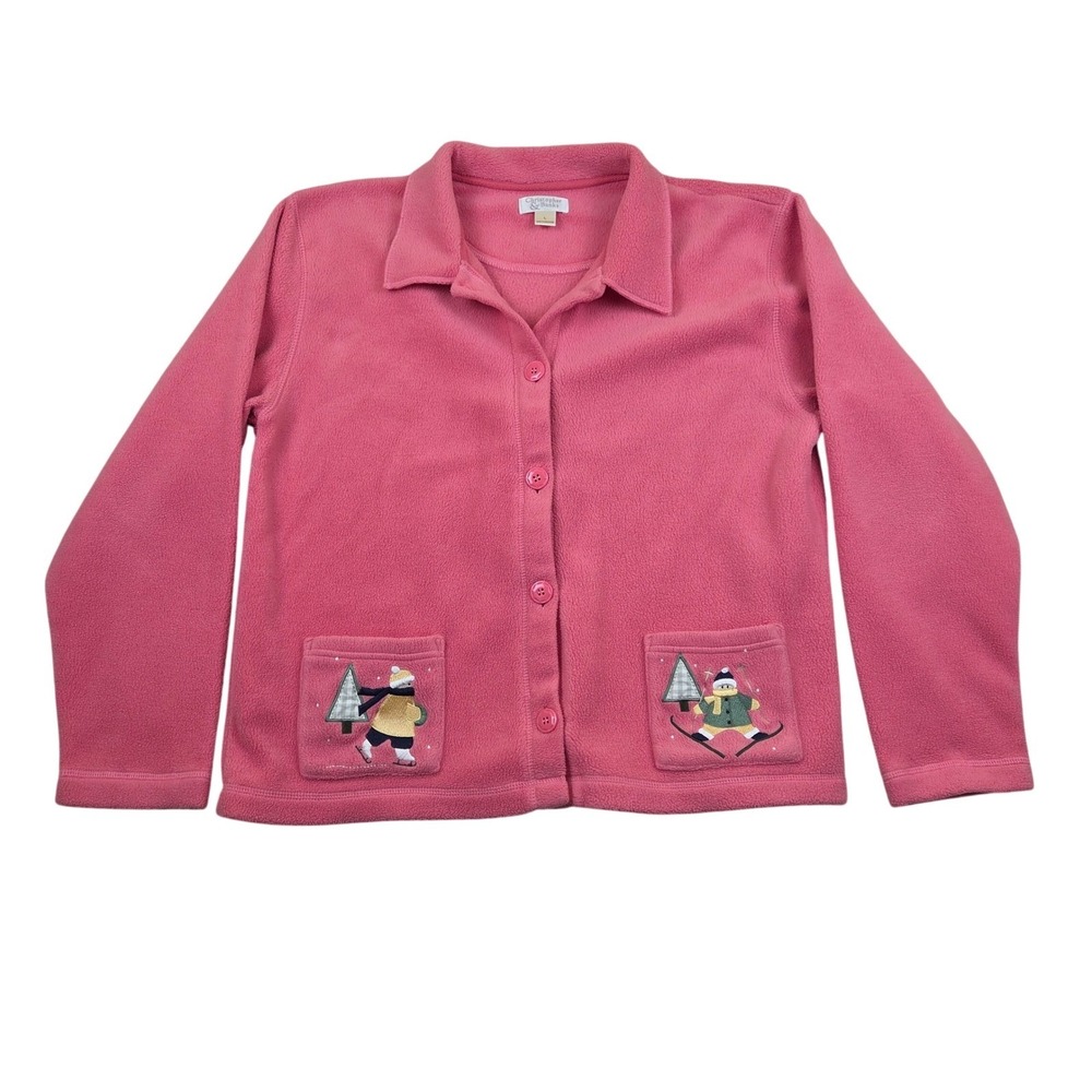 Christopher & Banks Womens L Pink Fleece Jacket Winter Skater Skier Button‎ Up